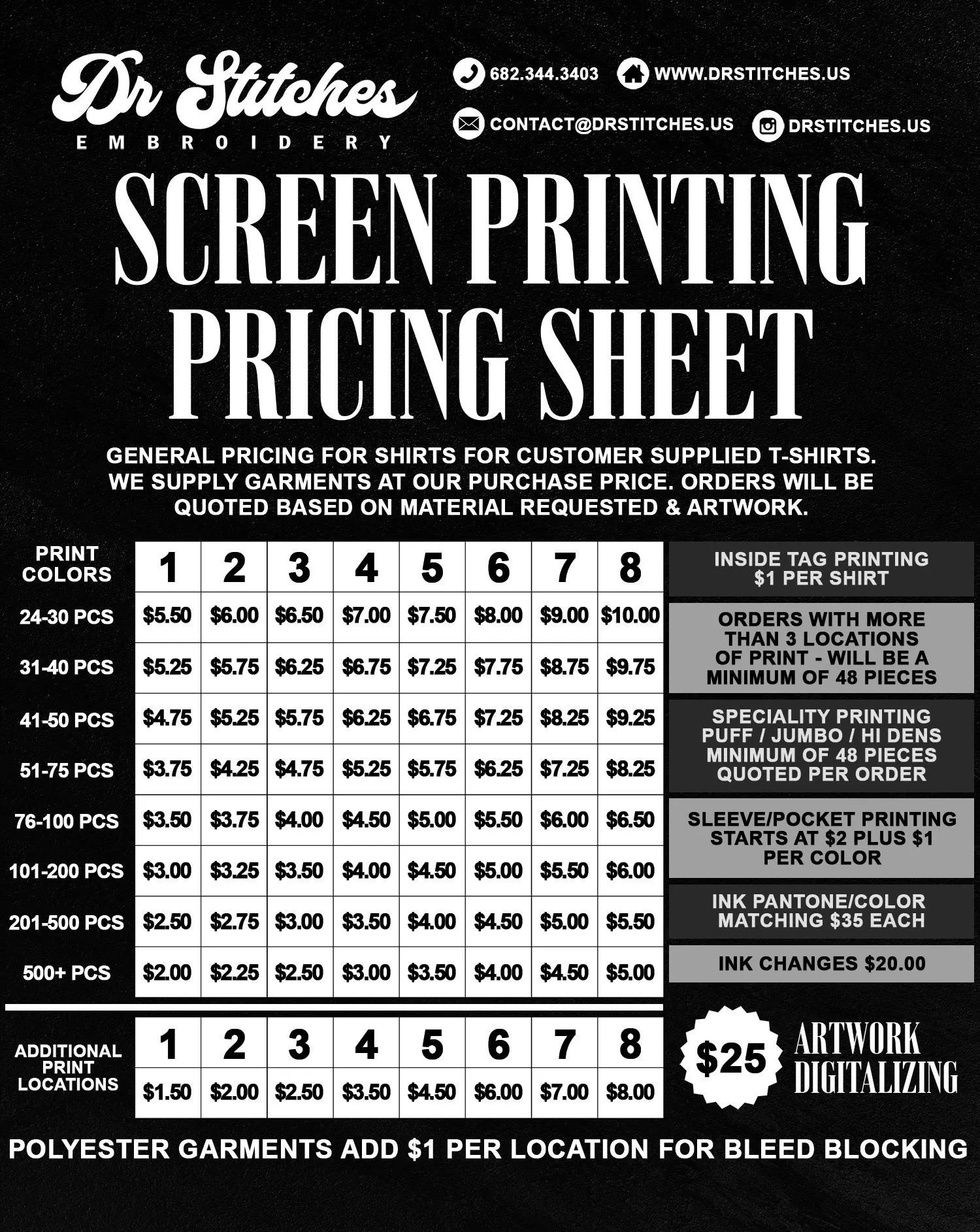 Dr. Stitches Embroidery – Screen Printing Pricing Sheet Dr. Stitches Embroidery - Screen Printing Pricing Sheet